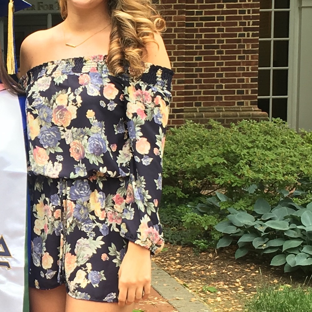 Navy off the shoulder romper!